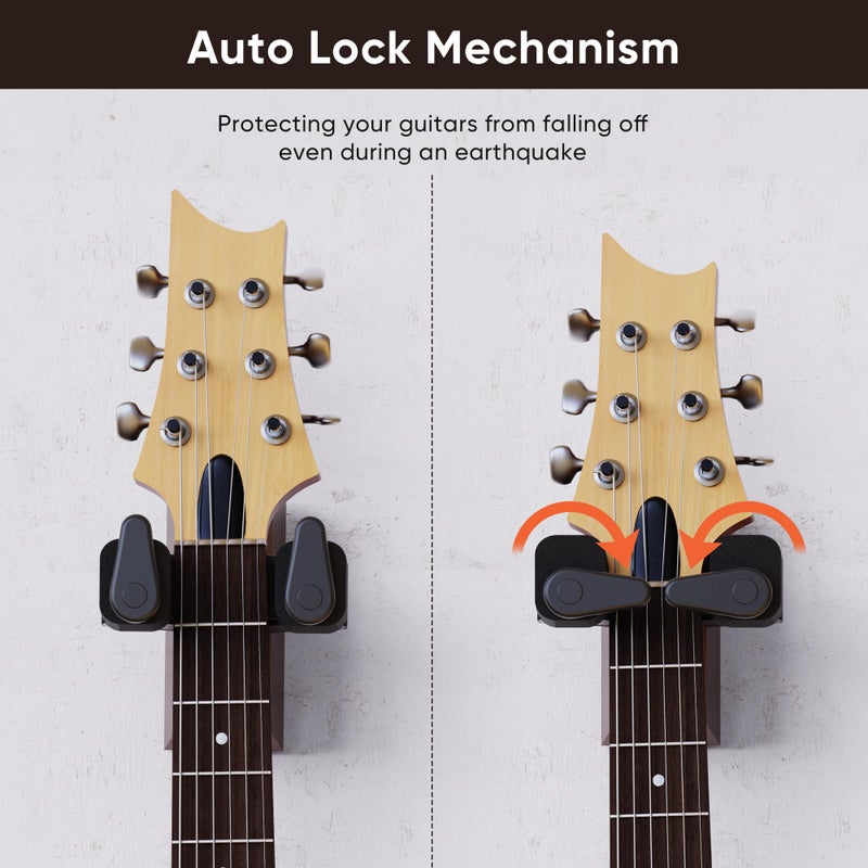 Ueteto Guitar Wall Mount Hanger  Hard Wood Base Guitar Hook Auto Locking for Acoustic  Classical  Electric  Bass Guitars  Ukuleles  2 Pack. - Image 4
